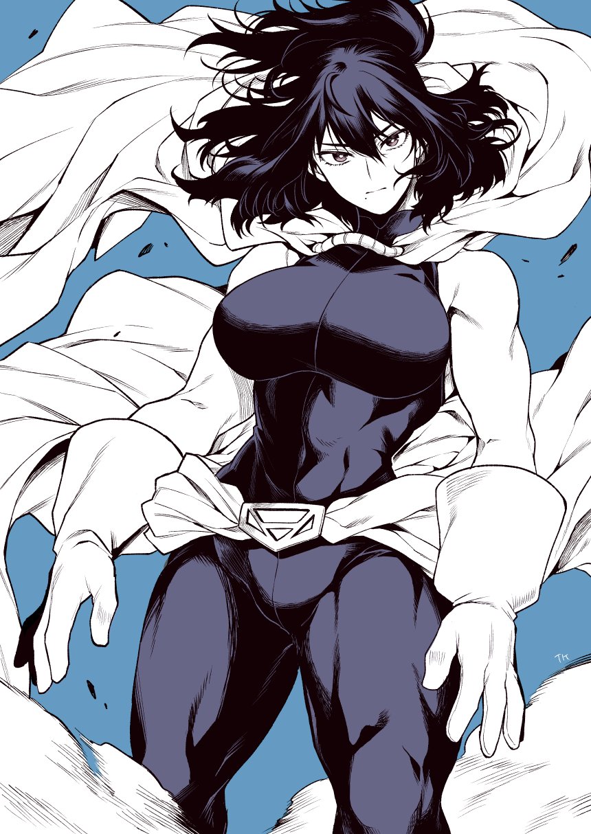 1girl blue_background bodysuit boku_no_hero_academia breasts cape closed_mouth commentary_request gloves hair_between_eyes highres large_breasts looking_at_viewer mole mole_under_mouth shimura_nana short_hair simple_background solo takatsuki_ichi