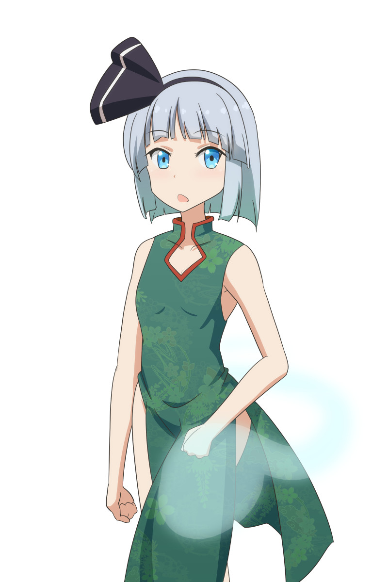 1girl :o bare_arms bare_shoulders black_hairband blue_eyes bob_cut cato_(monocatienus) china_dress chinese_clothes commentary_request dress eyebrows_visible_through_hair flat_chest green_dress grey_hair hairband highres konpaku_youmu konpaku_youmu_(ghost) looking_at_viewer open_mouth short_hair side_slit simple_background sleeveless sleeveless_dress solo touhou white_background