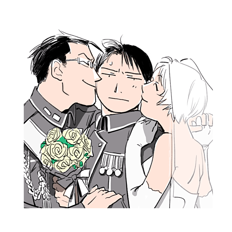1girl 2boys 2cko aiguillette amestris_military_uniform backless_dress backless_outfit black_hair border bouquet cheek_kiss closed_eyes closed_mouth collared_jacket commentary_request dress elbow_gloves expressionless eyebrows_visible_through_hair flower from_side fullmetal_alchemist glasses gloves gracia_hughes grey_jacket hand_on_another's_arm hand_on_another's_shoulder happy holding holding_bouquet holding_hands husband_and_wife interlocked_fingers jacket jewelry kiss leaf looking_at_viewer maes_hughes medal messy_hair military military_uniform multiple_boys nervous profile ring rose roy_mustang sandwiched sash short_hair smile strapless strapless_dress sweatdrop uniform veil wedding_dress white_border white_dress white_gloves yellow_flower yellow_rose