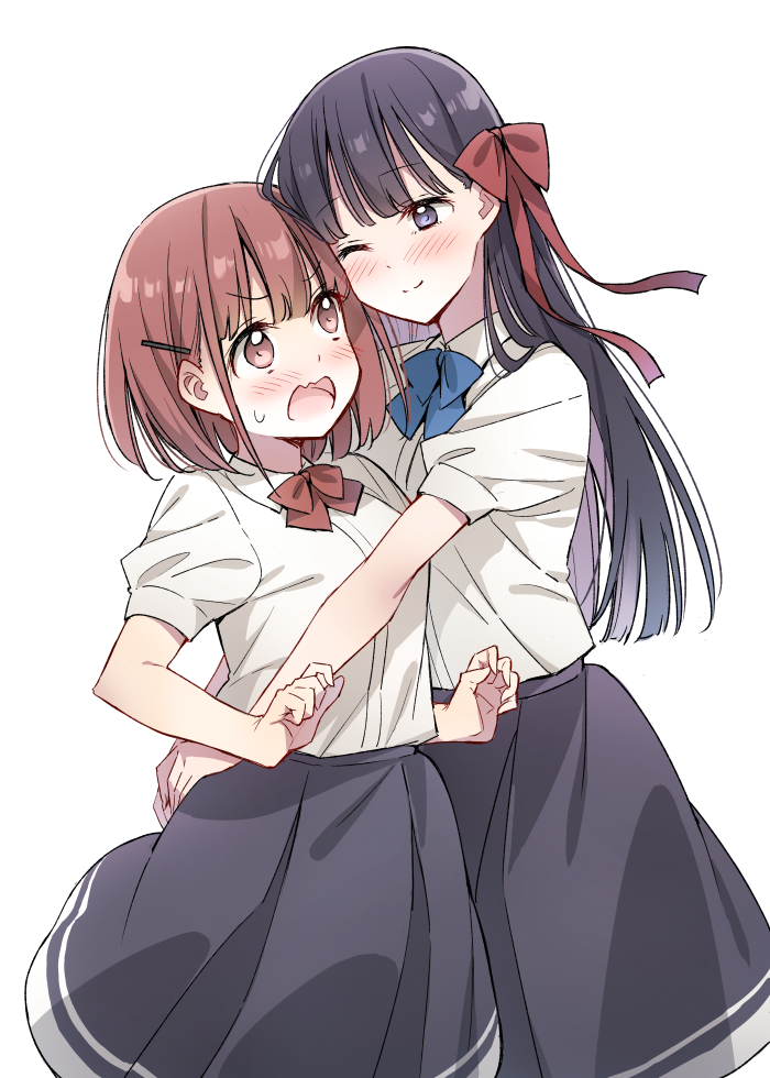 2girls amae_sasete_hinamori-san! bangs black_hair black_skirt blunt_bangs blunt_ends blush brown_eyes eyebrows_visible_through_hair hair_ornament hair_ribbon height_difference hug long_hair long_skirt medium_hair multiple_girls neck_ribbon one_eye_closed open_mouth red_ribbon ribbon shirt short_sleeves skirt smile surprised sweatdrop tsuke_(maholabo) white_background white_shirt yuri