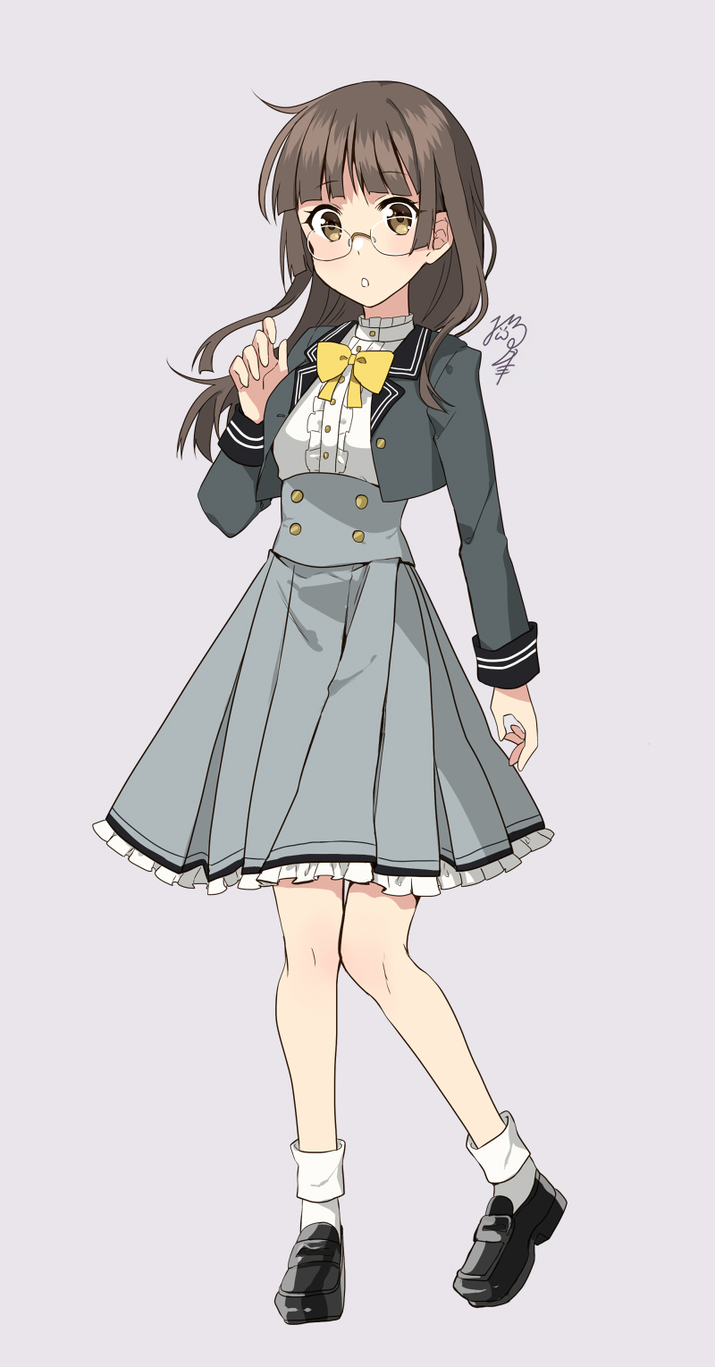 1girl :o bangs black_footwear blush bow brown_eyes brown_hair center_frills cropped_jacket eyebrows_visible_through_hair frills full_body glasses grey_jacket grey_skirt hand_up high-waist_skirt highres jacket loafers long_hair long_sleeves looking_at_viewer nekozuki_yuki open_clothes open_jacket original parted_lips pleated_skirt purple_background school_uniform shirt shoes signature simple_background skirt socks solo standing white_legwear white_shirt yellow_bow