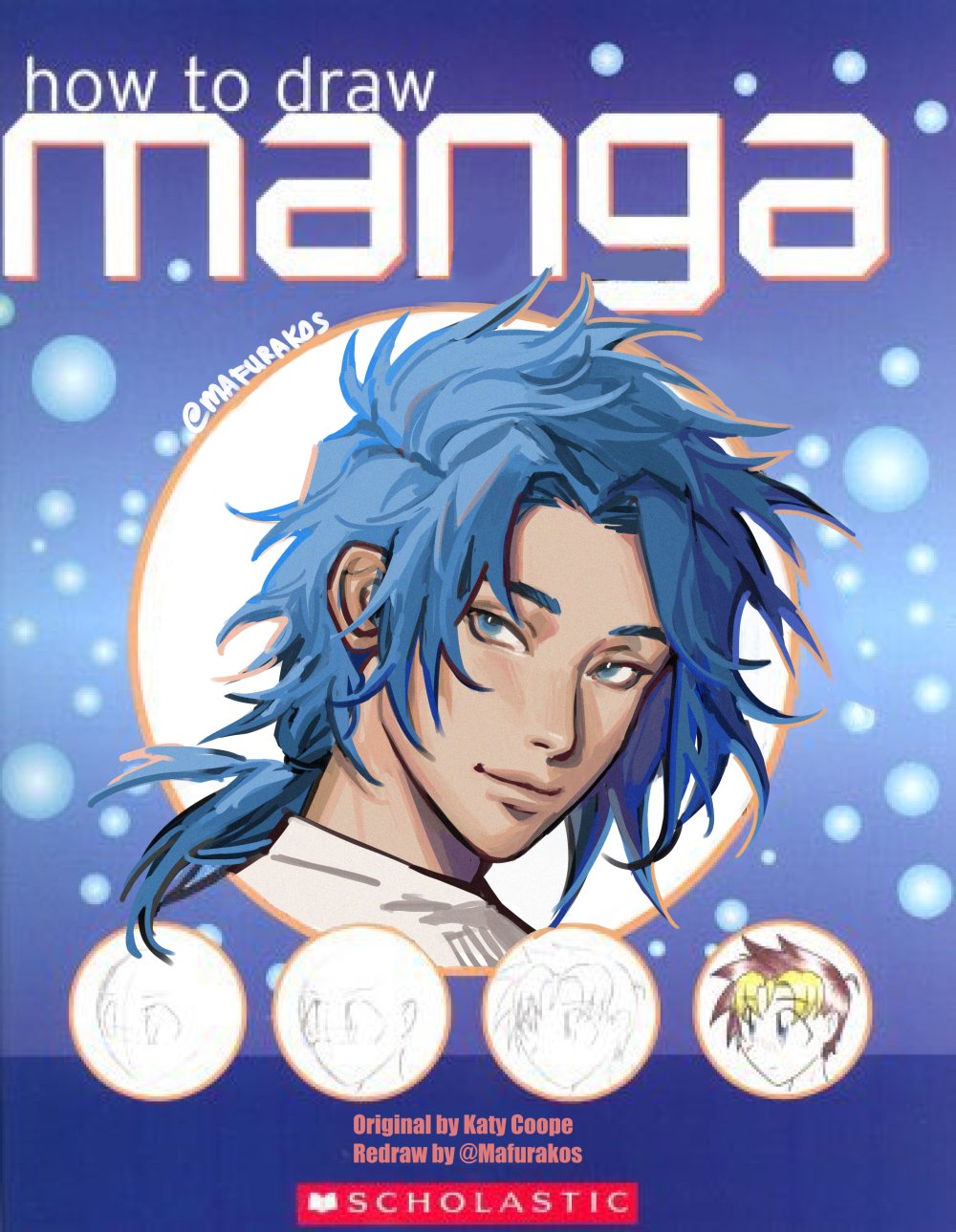 1boy artist_name bangs blue-haired_boy_(how_to_draw_manga) blue_background blue_eyes blue_hair blue_theme closed_mouth commentary derivative_work english_commentary english_text face forehead hair_intakes happy highres how_to_draw_manga jpeg_artifacts karma_(mafurakos) long_hair looking_to_the_side male_focus ponytail shirt sidelocks signature smile solo_focus tied_hair twitter_username white_shirt