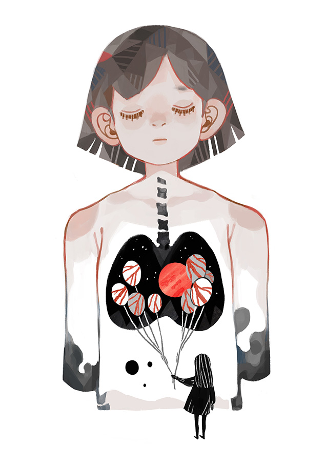 2girls :| anatomy armless balloon closed_eyes closed_mouth dress long lungs multiple_girls neetiska original short_hair straight_hair surreal symbolism torso white_background