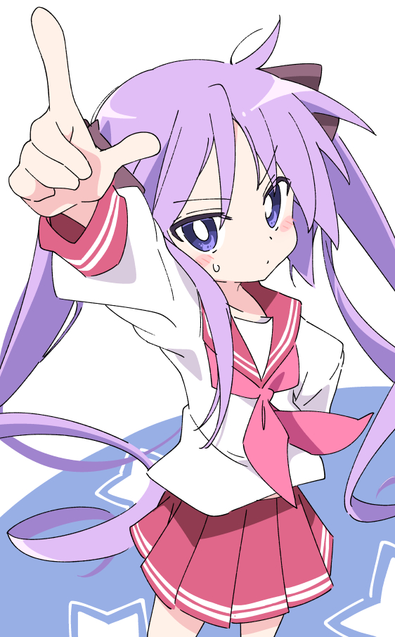1girl blue_eyes blush blush_stickers cowboy_shot eyebrows_visible_through_hair hair_ornament hair_ribbon hiiragi_kagami ixy long_hair looking_at_viewer lucky_star necktie pleated_skirt pointing pointing_up pout purple_hair red_neckwear red_skirt ribbon ryouou_school_uniform school_uniform skirt solo sweatdrop twintails very_long_hair