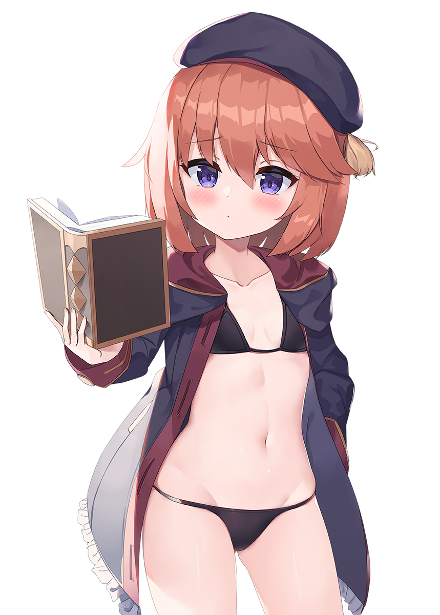 1girl 2drr bangs bikini black_bikini black_headwear black_jacket blush book braid breasts cowboy_shot eyebrows_visible_through_hair groin hand_in_pocket hand_up highres holding holding_book jacket long_hair navel open_book princess_connect! princess_connect!_re:dive reading red_jacket short_hair small_breasts solo standing stomach swimsuit yuni_(princess_connect!)