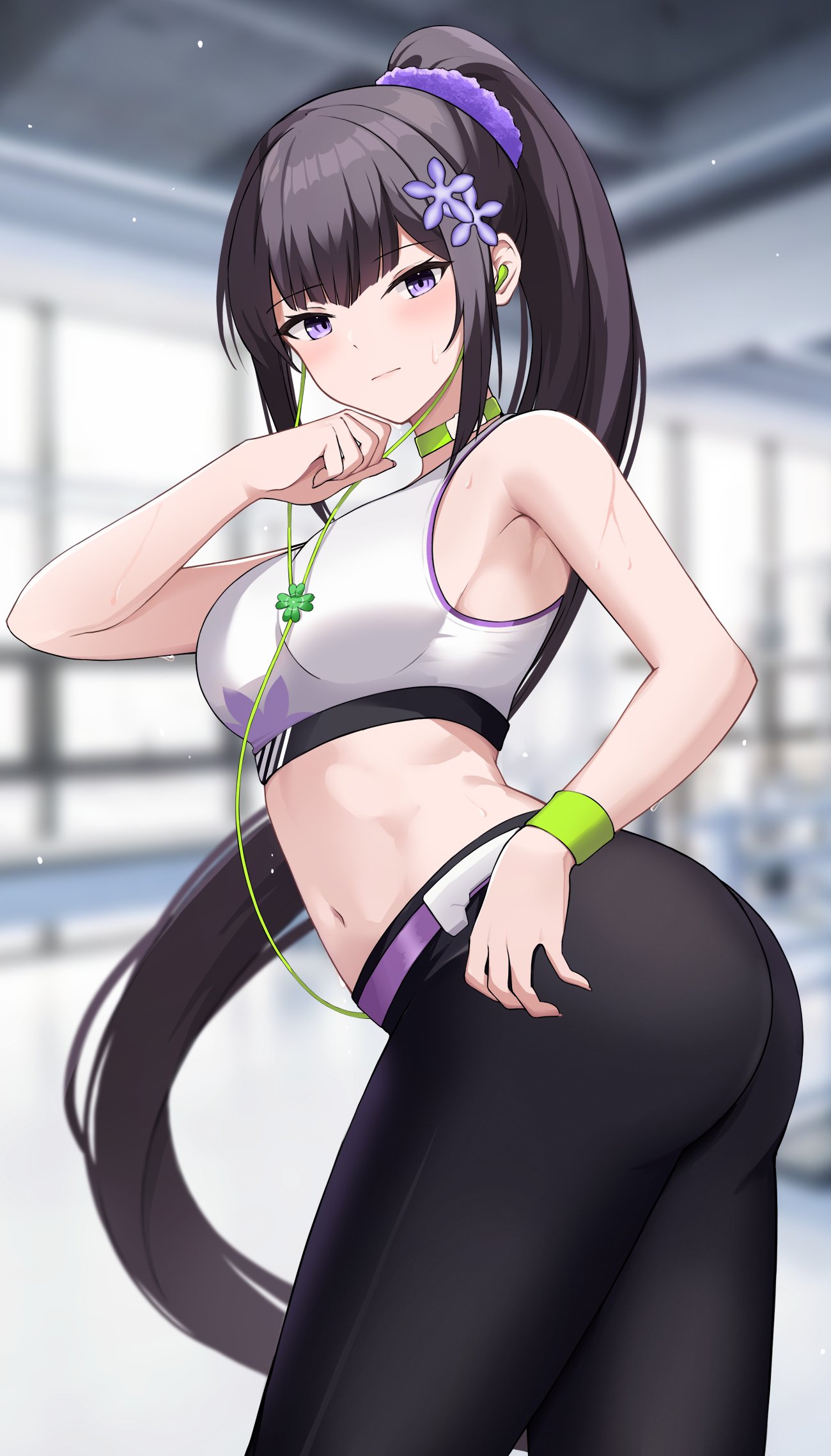 1girl armpits ass bare_arms bare_shoulders black_hair black_pants blue_archive blurry breasts choker closed_mouth cowboy_shot crop_top depth_of_field earphones green_choker hair_ornament hair_scrunchie highres indoors long_hair looking_at_viewer looking_back medium_breasts midriff navel pants ponytail scrunchie shirt sidelocks sleeveless sleeveless_shirt solo sports_bra standing stomach sumire_(blue_archive) sweat sweatband tio_(005) track_pants twisted_torso very_long_hair violet_eyes white_shirt