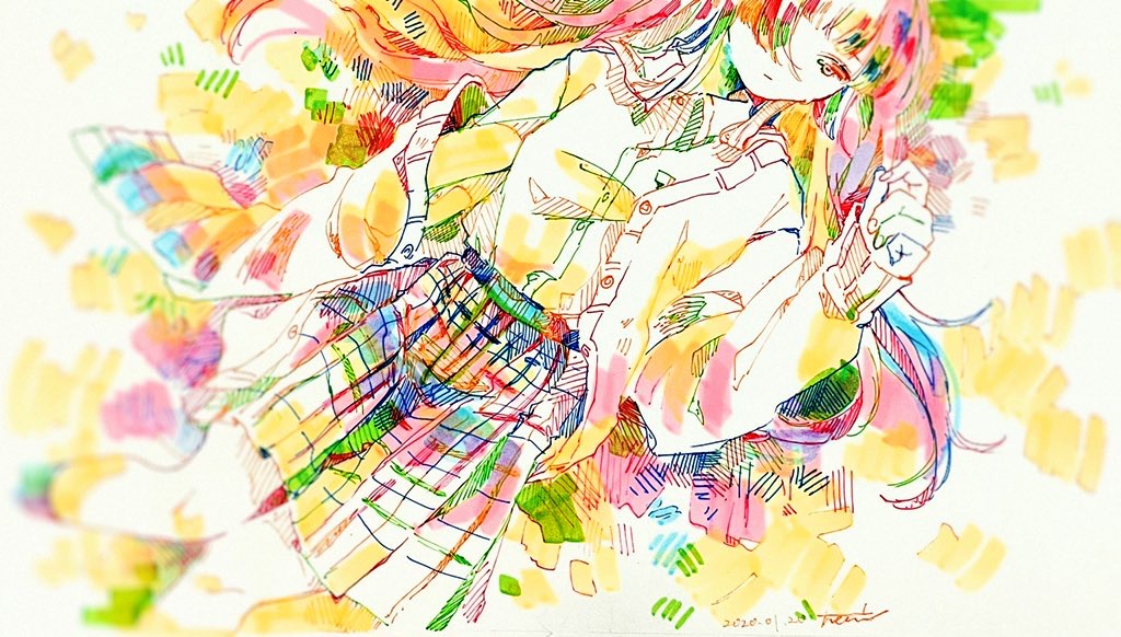 1girl bangs collared_shirt colorful feet_out_of_frame hair_over_one_eye hatching_(texture) long_hair long_sleeves original plaid plaid_skirt pleated_skirt shirt shirt_tucked_in skirt solo tmari white_shirt