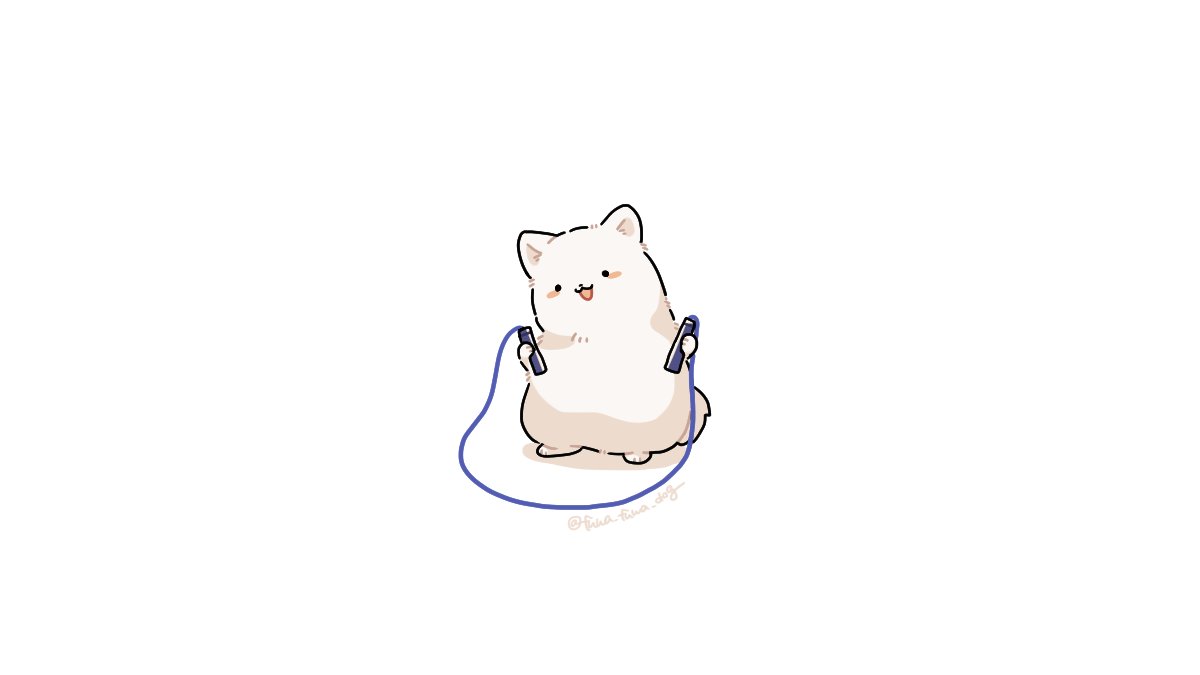 :3 animal animal_focus artist_name black_eyes blush_stickers dog fluffy fuwa_fuwa_dog head_tilt holding jump_rope no_humans open_mouth original shadow simple_background solid_circle_eyes solo standing twitter_username white_background