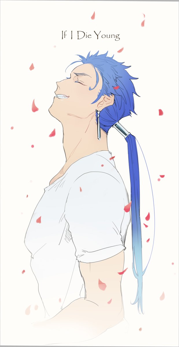 1boy beads blue_hair closed_eyes closed_mouth cu_chulainn_(fate)_(all) earrings english_text fang fate/stay_night fate_(series) from_side grin hair_beads hair_ornament iash jewelry lancer long_hair male_focus muscular muscular_male petals ponytail shirt simple_background smile solo spiky_hair t-shirt