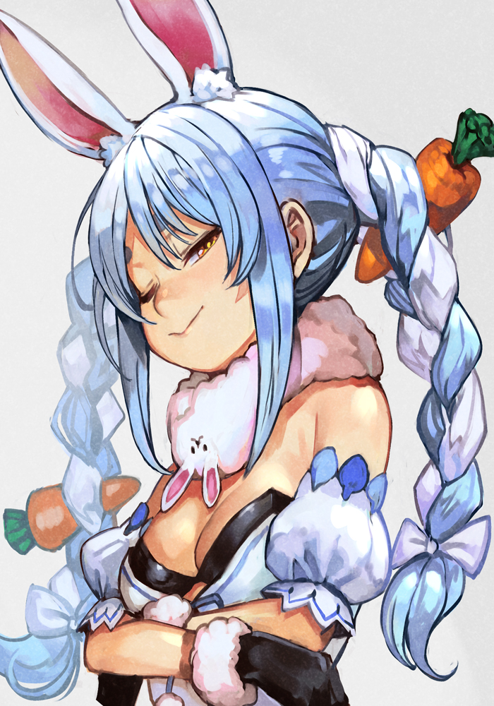 1girl animal_ear_fluff animal_ears arm_cuffs black_gloves black_leotard blue_hair braid breasts bunnysuit carrot_hair_ornament cleavage closed_mouth crossed_arms dress eyebrows food_themed_hair_ornament fur-trimmed_gloves fur_scarf fur_trim gloves hair_ornament hair_ribbon half-closed_eye hankuri hololive hankuri leotard light_blue_hair long_hair looking_at_viewer medium_breasts multicolored_hair off-shoulder_dress off_shoulder one_eye_closed orange_eyes rabbit_ears ribbon simple_background smile solo thick_eyebrows tied_hair tress_ribbon twin_braids twintails two-tone_hair upper_body usada_pekora virtual_youtuber white_background white_dress white_hair