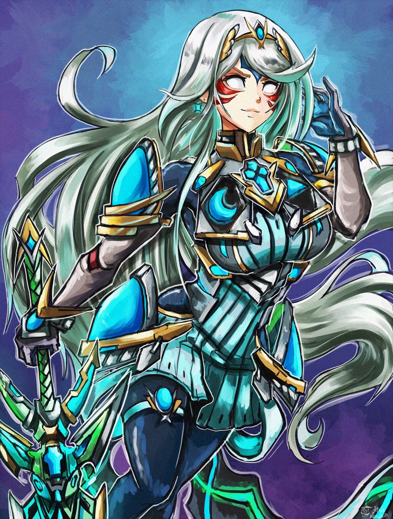 1girl alternate_costume alternate_eye_color alternate_hair_color armor aura blank_eyes bodysuit_under_clothes commentary crescent earrings english_commentary evil_smile facial_tattoo fierce_deity gloves grin holding jewelry lips long_hair looking_at_viewer mythra_(xenoblade) possessed shoes signature smile stoic_seraphim super_smash_bros. sword tattoo the_legend_of_zelda the_legend_of_zelda:_majora's_mask tiara weapon white_hair xenoblade_chronicles_(series) xenoblade_chronicles_2