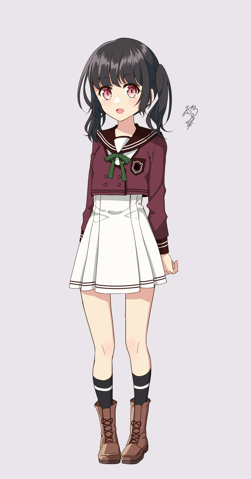 1girl :d bangs black_hair black_legwear boots bow brown_footwear brown_jacket brown_sailor_collar cross-laced_footwear dress eyebrows_visible_through_hair full_body green_bow highres jacket lace-up_boots long_sleeves looking_at_viewer nekozuki_yuki open_mouth original pleated_dress purple_background red_eyes sailor_collar sailor_dress school_uniform signature simple_background smile socks solo standing twintails white_dress