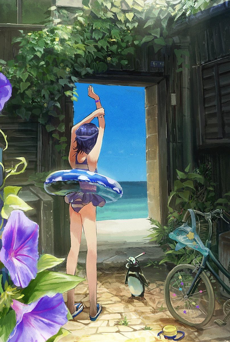 1girl arms_up bayashiko beach bicycle bird commentary commentary_request dark_blue_hair flip-flops flower from_behind ground_vehicle highres innertube leaf ocean one-piece_swimsuit original penguin plant purple_flower sandals short_hair solo striped striped_swimsuit swimsuit