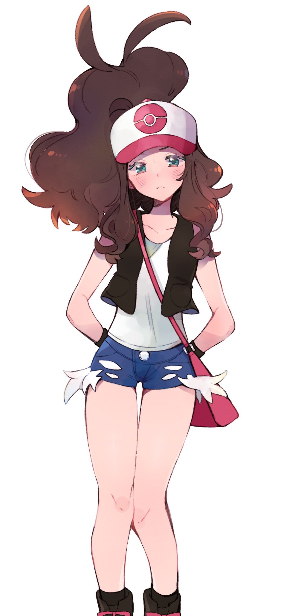1girl arms_behind_back bag baseball_cap black_vest blue_shorts blush boots brown_hair closed_mouth cowlick eyelashes green_eyes hat high_ponytail highres hilda_(pokemon) knees looking_at_viewer ohds101 open_clothes open_vest pink_bag pokemon pokemon_(game) pokemon_bw shirt short_shorts shorts shoulder_bag simple_background sleeveless sleeveless_shirt solo standing symbol_commentary thigh_gap vest white_background white_shirt