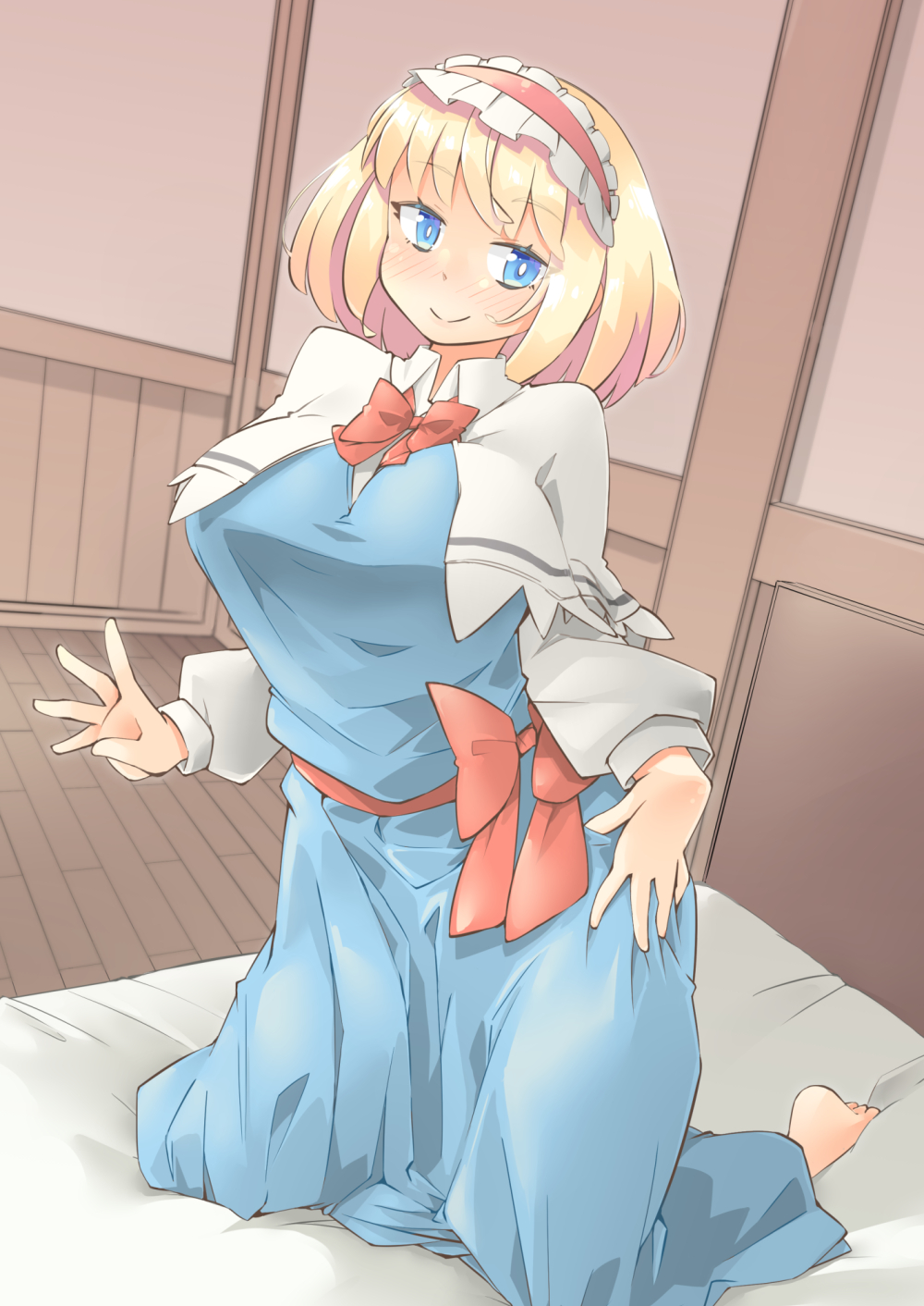 1girl alice_margatroid arnest bangs barefoot blonde_hair blue_dress blue_eyes blush bow bowtie capelet collared_shirt dress eyebrows_visible_through_hair hairband hand_on_hip highres indoors kneeling lolita_hairband long_sleeves looking_at_viewer on_bed red_bow red_neckwear red_sash sash shirt short_hair smile touhou white_capelet white_shirt