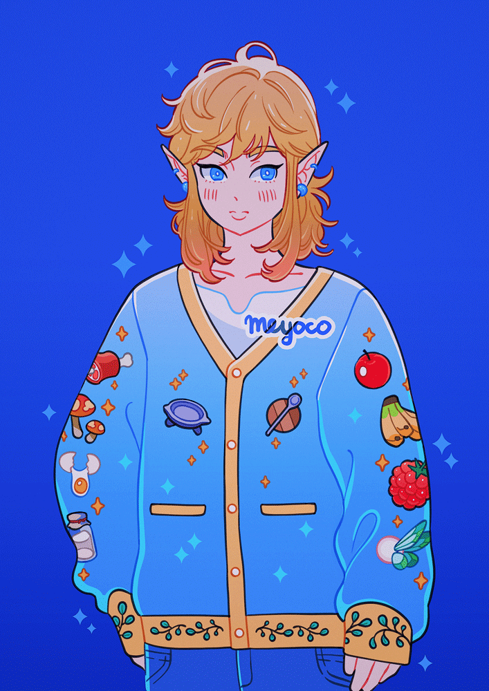 1boy apple banana bangs blonde_hair blue_background blue_eyes bottle cardigan cowboy_shot ear_piercing earrings egg english_commentary fairy food fruit jewelry link medium_hair meyoco milk_bottle mushroom piercing pointy_ears print_cardigan simple_background sleeves_past_wrists solo sparkle spoon the_legend_of_zelda