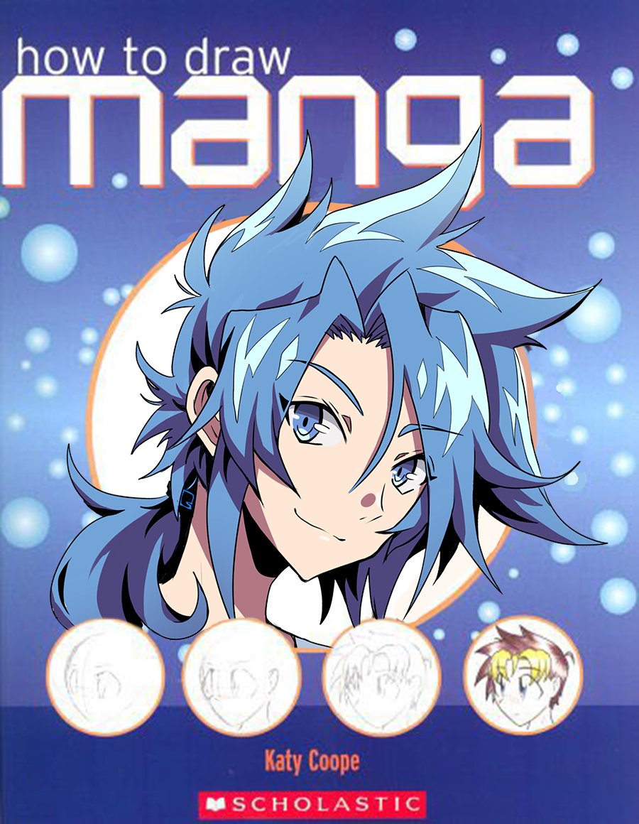 1boy bangs blue-haired_boy_(how_to_draw_manga) blue_background blue_eyes blue_theme closed_mouth commentary derivative_work english_commentary english_text eyebrows_visible_through_hair face gurepyon hair_intakes hair_tie happy how_to_draw_manga jpeg_artifacts looking_at_viewer male_focus medium_hair ponytail shiny shiny_hair sidelocks smile solo_focus tied_hair