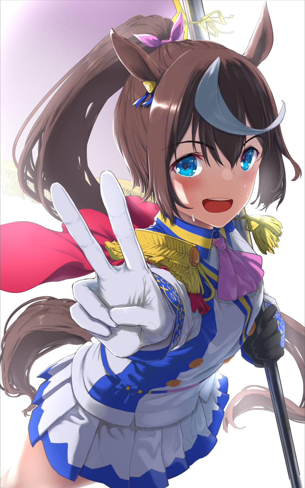 1girl :d animal_ears ascot bangs black_gloves blue_eyes blue_jacket blue_skirt blush brown_hair buttons cape chourui_keiko commentary_request cowboy_shot double-breasted ear_piercing ear_ribbon epaulettes eyebrows_visible_through_hair flag gloves hair_between_eyes hair_flaps high_ponytail highres holding holding_flag horse_ears horse_girl horse_tail jacket long_hair long_sleeves looking_at_viewer miniskirt mismatched_gloves multicolored_hair open_mouth piercing pink_neckwear pleated_skirt ponytail red_cape ribbon sidelocks simple_background single_epaulette skirt smile solo standing streaked_hair tail tokai_teio_(umamusume) two-tone_hair two-tone_jacket two-tone_skirt umamusume upper_teeth v white_background white_gloves white_hair white_jacket white_skirt