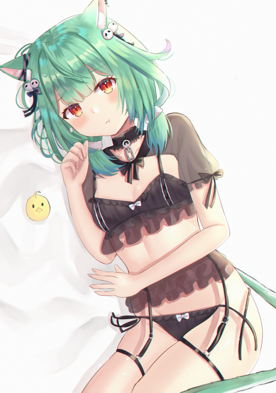 1girl animal_ear_fluff animal_ears bird blush bra breasts cat_ears cat_tail chain collar duck duckling eyebrows_visible_through_hair frilled_bra frilled_panties frills garter_belt garter_straps hair_ornament hairpin highres hololive lingerie looking_at_viewer low_twintails lying nibosi on_side panties pout red_eyes ribbon see-through side-tie_panties small_breasts tail twintails underwear untied untied_panties uruha_rushia virtual_youtuber