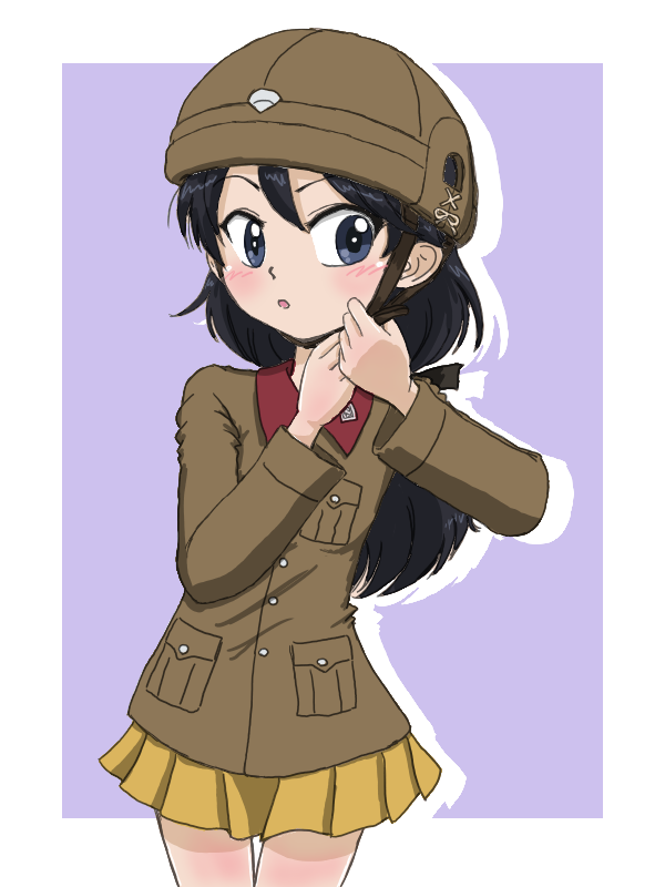 1girl :o adjusting_clothes adjusting_headwear black_eyes black_hair black_ribbon border brown_headwear brown_jacket chi-hatan_military_uniform cowboy_shot girls_und_panzer hair_ribbon helmet jacket kubota_rin light_blush long_hair long_sleeves looking_at_viewer low-tied_long_hair military military_uniform miniskirt open_mouth outside_border pleated_skirt purple_background ribbon silhouette skirt solo standing takahashi_kurage uniform white_border yellow_skirt