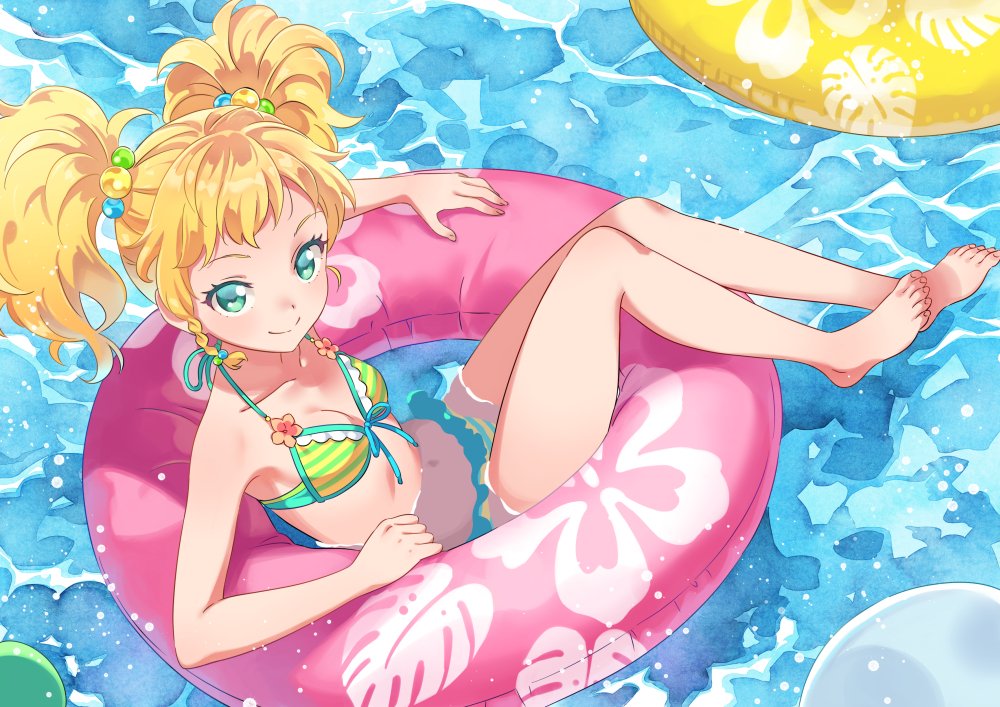 1girl aikatsu!_(series) aikatsu_stars! aqua_eyes bangs barefoot bikini blonde_hair bow bow_bikini braid closed_mouth commentary_request frilled_bikini frills green_bikini hair_bobbles hair_ornament innertube katou_akatsuki looking_at_viewer medium_hair multicolored multicolored_stripes nikaidou_yuzu partially_submerged side_braid smile solo striped striped_bikini swimsuit twintails water yellow_bikini