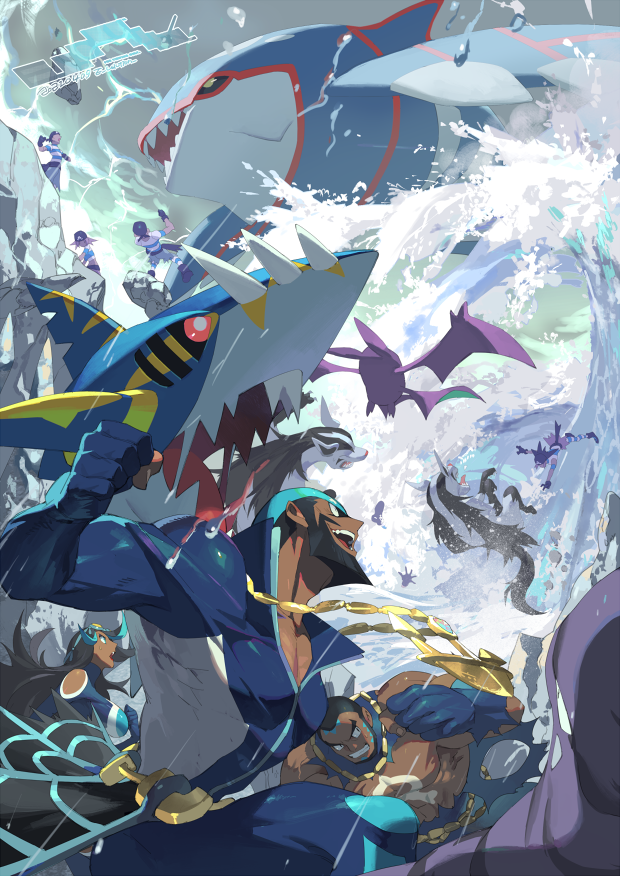 3girls 4boys anchor_necklace archie_(pokemon) bandana beard black_hair clenched_hand cliff crobat dark_skin dark-skinned_female dark_skinned_male e_volution facial_hair gen_1_pokemon gen_2_pokemon gen_3_pokemon jewelry kyogre legendary_pokemon long_hair looking_up matt_(pokemon) mega_pokemon mega_sharpedo mightyena muk multicolored_hair multiple_boys multiple_girls muscular muscular_male necklace open_mouth pokemon pokemon_(creature) pokemon_(game) pokemon_oras rain sharpedo shelly_(pokemon) shirt short_hair smile standing striped striped_shirt team_aqua team_aqua_grunt team_aqua_uniform teeth tongue two-tone_hair water waves wetsuit