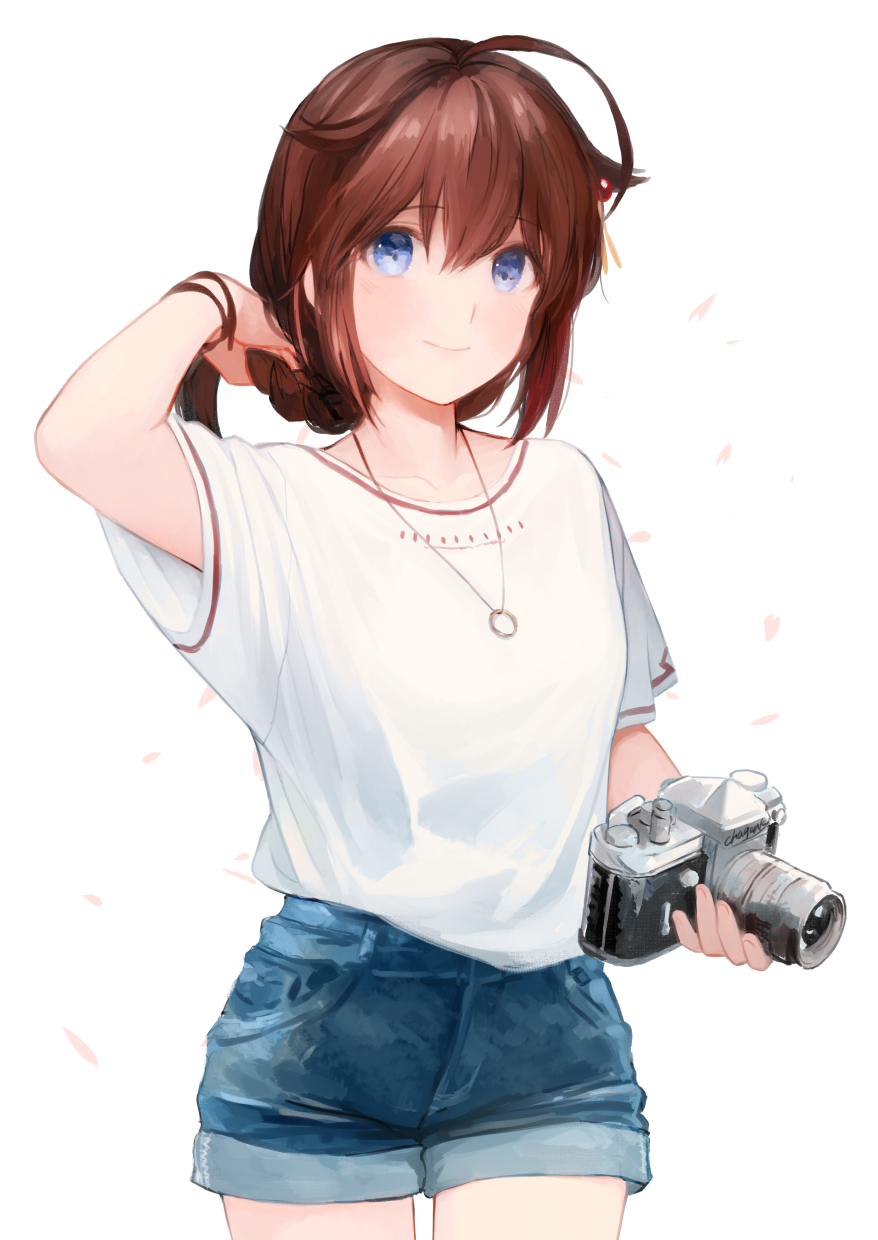 1girl ahoge alternate_costume arm_up blue_eyes blush braid brown_hair camera casual chagen_kokimu cherry_blossoms collarbone commentary cowboy_shot denim denim_shorts eyebrows_visible_through_hair hair_flaps hair_ornament hair_over_shoulder hair_ribbon highres holding holding_camera jewelry kantai_collection long_hair looking_at_viewer necklace petals remodel_(kantai_collection) ribbon shigure_(kancolle) shirt short_sleeves shorts simple_background single_braid smile solo symbol_commentary white_background white_shirt