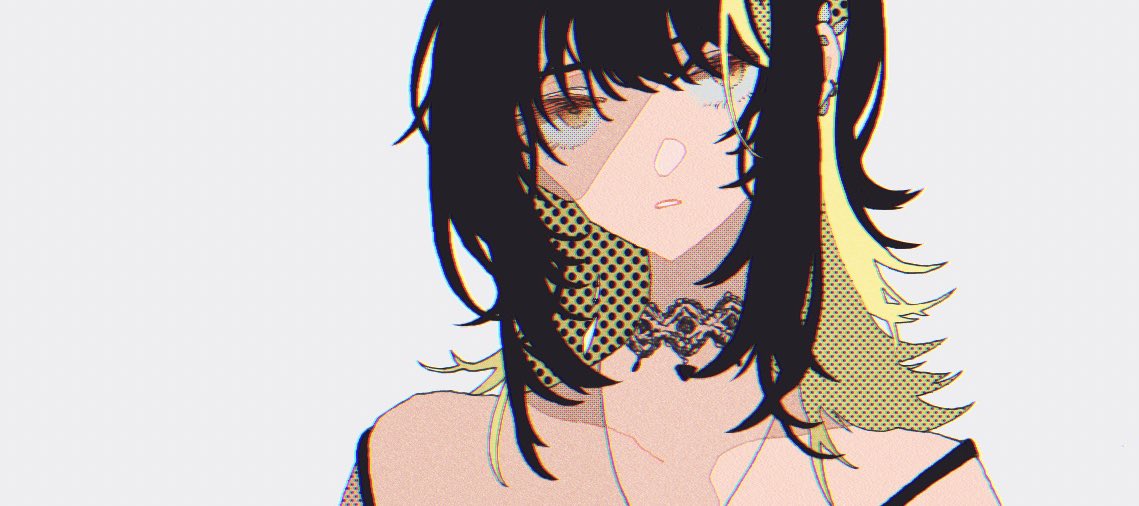 1girl :o bare_shoulders black_hair blonde_hair choker collarbone dameyanke ear_piercing empty_eyes expressionless floating_hair grey_background halftone_texture idolmaster idolmaster_shiny_colors ikaruga_luca lace-trimmed_choker lace_trim looking_at_viewer multicolored_hair piercing portrait shaded_face sidelocks simple_background solo strap_slip