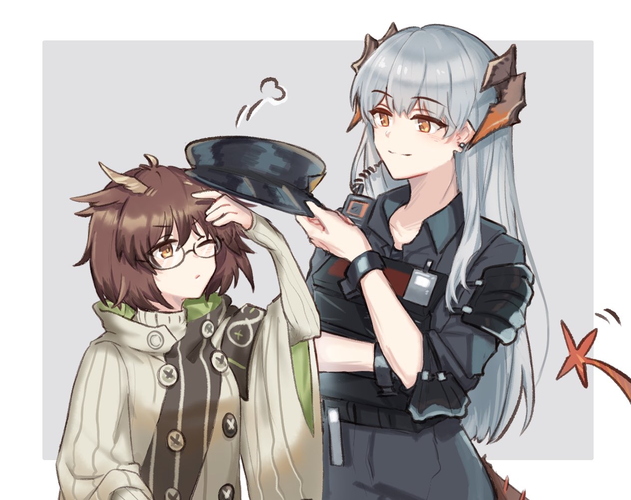 2girls arknights beige_coat black_pants black_shirt brown_hair buttons coat collarbone collared_shirt dragon_girl dragon_horns dragon_tail earrings eyebrows_visible_through_hair feather_hair glasses grey_background hat holding holding_clothes holding_hat horns id_card jewelry long_hair mabing motion_lines multiple_girls one_eye_closed orange_eyes pants police police_uniform rhine_lab_logo saria_(arknights) saria_(iron_law)_(arknights) shirt short_hair shoulder_pads silence_(arknights) silver_hair simple_background tail turtleneck uniform walkie-talkie