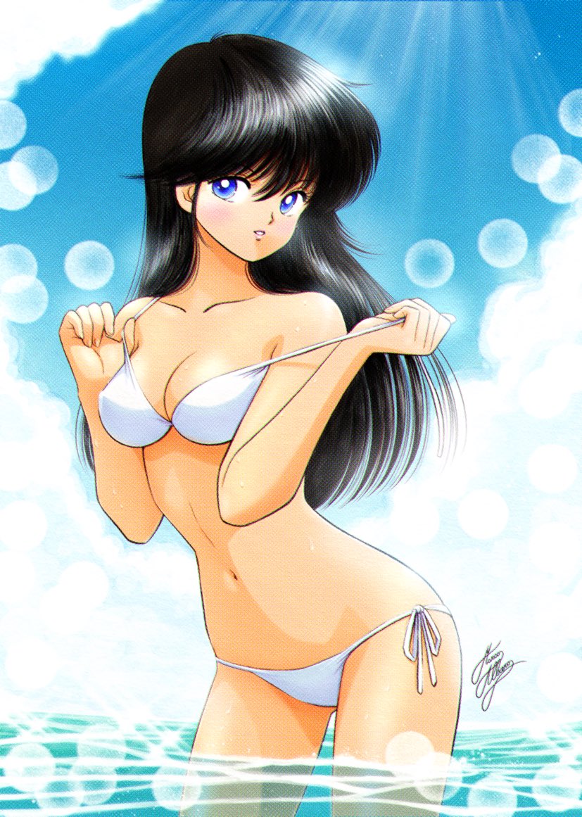 1girl ayukawa_madoka beach belly bikini bikini_top black_hair blue_eyes blue_sky breasts clouds day holding holding_bikini_top in_water kimagure_orange_road long_hair marco_albiero medium_breasts navel ocean outdoors pose revision signature sky smile solo sparkle standing summer sunlight swimsuit wading white_bikini