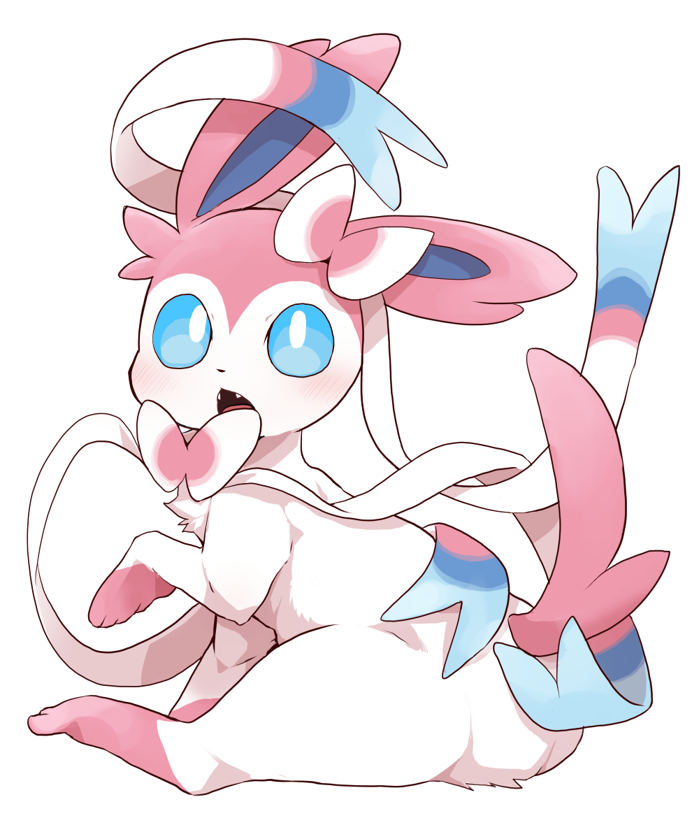 blue_eyes blush commentary creature dagashi_(daga2626) fangs full_body gen_6_pokemon highres looking_at_viewer looking_back no_humans open_mouth paws pokemon pokemon_(creature) simple_background sitting solo sylveon toes tongue white_background white_fur