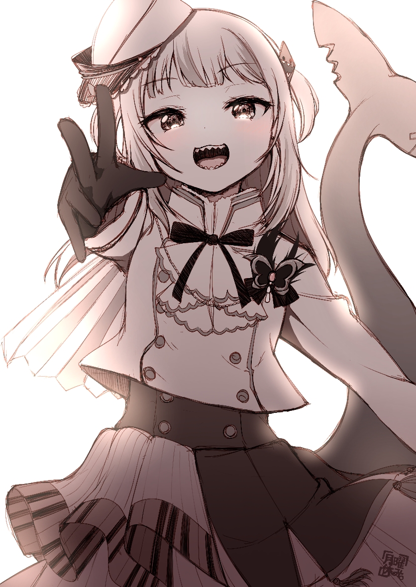 1girl bang_dream! black_bow black_gloves bow bug butterfly cosplay eyelashes gawr_gura getsuyou_yasumi gloves grin hair_ornament hololive hololive_english idol_clothes insect jacket jewelry kurata_mashiro_(cosplay) long_hair looking_at_viewer monochrome necklace open_mouth shark_hair_ornament sharp_teeth simple_background smile solo tail teeth two_side_up v whale_tail_(animal_tail) white_background