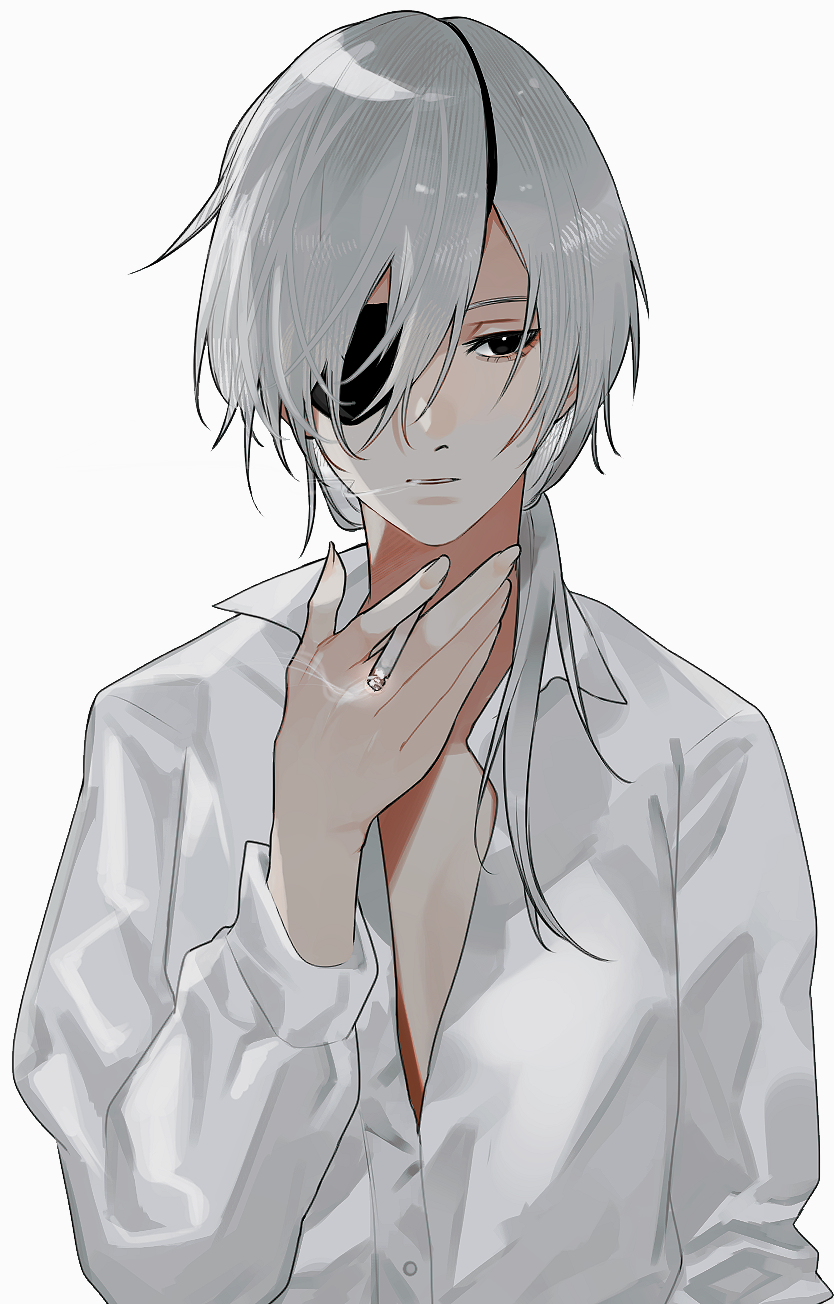 1girl 3o_c black_eyes chainsaw_man cigarette collared_shirt eyepatch grey_hair highres holding holding_cigarette quanxi_(chainsaw_man) shirt simple_background smoke smoking solo unbuttoned unbuttoned_shirt white_background white_shirt