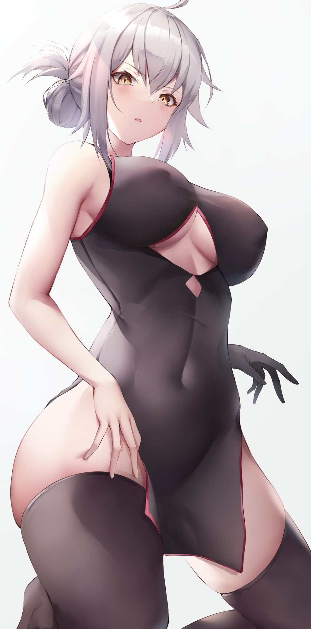 1girl ahoge black_gloves blush breasts china_dress chinese_clothes clothing_cutout commentary covered_navel covered_nipples dress eyebrows_visible_through_hair fate/grand_order fate_(series) gloves hair_bun highres jeanne_d'arc_(alter)_(fate) jeanne_d'arc_(fate)_(all) kisaki_oni kneeling large_breasts looking_at_viewer open_mouth simple_background single_glove skindentation thigh-highs underboob_cutout white_background white_hair yellow_eyes