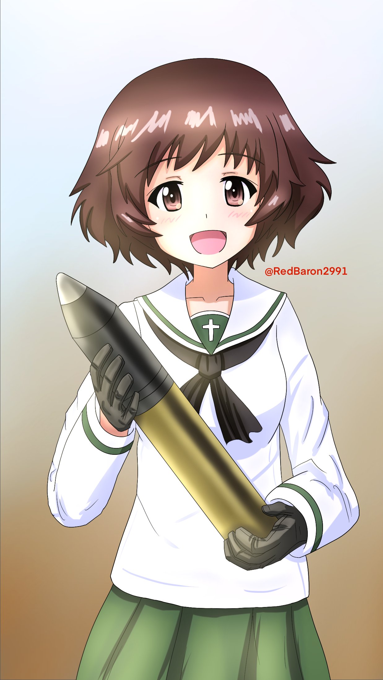 1girl :d akiyama_yukari bangs black_gloves black_neckwear blouse brown_background brown_eyes brown_hair commentary eyebrows_visible_through_hair girls_und_panzer gloves gradient gradient_background green_skirt highres holding long_sleeves looking_at_viewer messy_hair neckerchief ooarai_school_uniform open_mouth pleated_skirt redbaron sailor_collar school_uniform serafuku short_hair skirt smile solo standing tank_shell twitter_username white_blouse white_sailor_collar