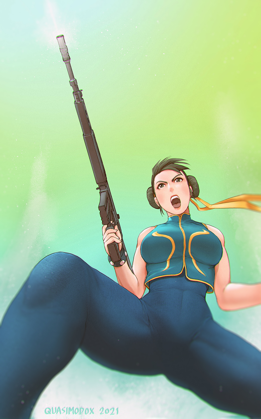 1girl assault_rifle blue_bodysuit bodysuit breasts brown_eyes brown_hair chinese_clothes chun-li double_bun english_commentary finger_on_trigger firing fortnite from_below green_sky gun hair_ribbon highres large_breasts lips open_mouth quasimodox ribbon rifle short_hair shouting sleeveless solo street_fighter street_fighter_zero_(series) studded_bracelet thick_thighs thighs upper_teeth vest weapon yellow_ribbon