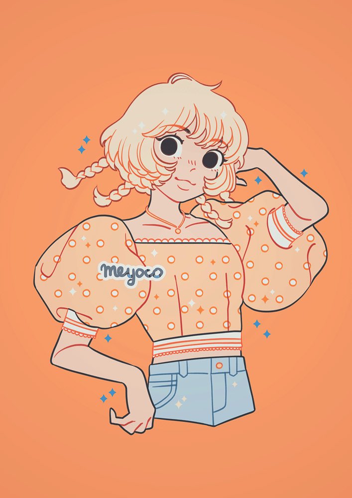 1girl arm_up artist_name bangs black_eyes blonde_hair braid cropped_torso fong_pudding looking_at_viewer medium_hair meyoco orange_background orange_shirt orange_theme polka_dot print_shirt puffy_short_sleeves puffy_sleeves shirt short_sleeves simple_background solo sparkle tokyo_mew_mew