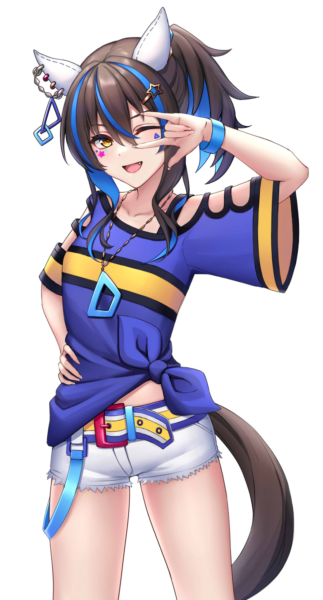 1girl ;d \m/ animal_ears bangs blue_hair blue_shirt breasts brown_eyes brown_hair collarbone daitaku_helios_(umamusume) ear_piercing eyebrows_visible_through_hair fang hair_between_eyes hair_ornament hairclip hand_on_hip hand_up highres horse_ears horse_girl horse_tail multicolored_hair one_eye_closed open_mouth piercing ponytail shirt short_shorts short_sleeves shorts side-tie_shirt simple_background small_breasts smile solo standing star_(symbol) star_hair_ornament streaked_hair tail tied_shirt umamusume white_background white_shorts wide_sleeves ym_(distance819)