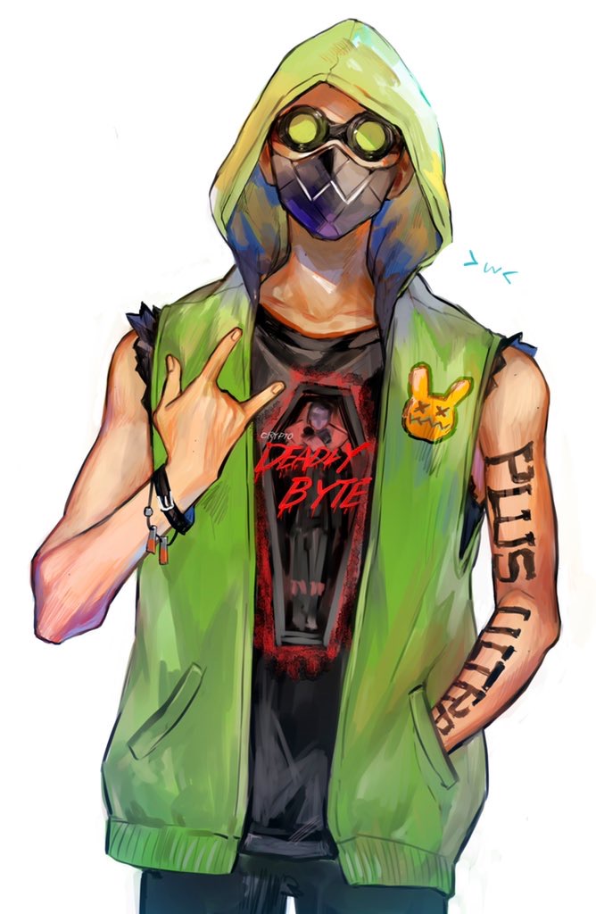 1boy \m/ apex_legends arm_tattoo black_shirt bracelet crypto_(apex_legends) goggles green_hoodie hand_in_pocket hood hoodie jewelry kawaniwa looking_at_viewer male_focus mask mouth_mask octane_(apex_legends) shirt sleeveless sleeveless_hoodie sleeveless_shirt solo tattoo white_background