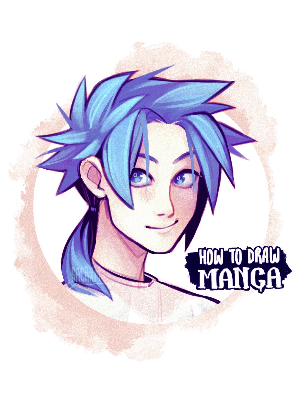 1boy artist_name bangs blue-haired_boy_(how_to_draw_manga) blue_eyes blue_hair blush closed_mouth commentary copyright_name derivative_work english_commentary english_text forehead hair_intakes hair_tie happy highres how_to_draw_manga light_blush long_hair looking_to_the_side looking_up male_focus ponytail sacrxm shirt sidelocks signature simple_background smile solo tied_hair upper_body white_background white_shirt