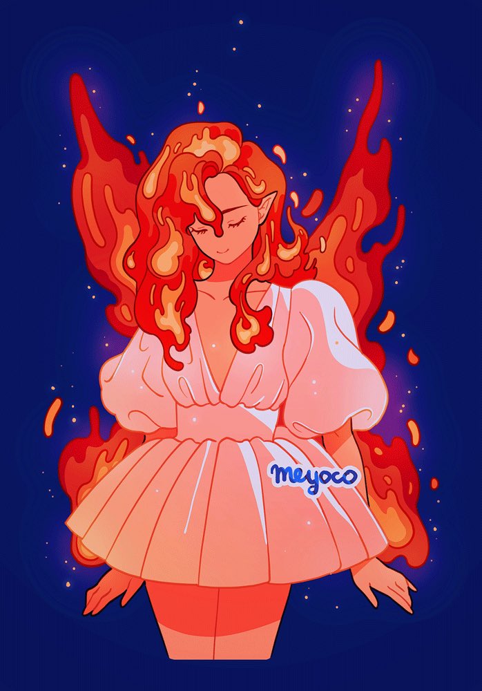 1girl artist_name blue_background closed_eyes cowboy_shot cropped_legs dress fiery_hair fiery_wings fire gradient gradient_background meyoco original pointy_ears puffy_short_sleeves puffy_sleeves short_sleeves smile solo white_dress wings