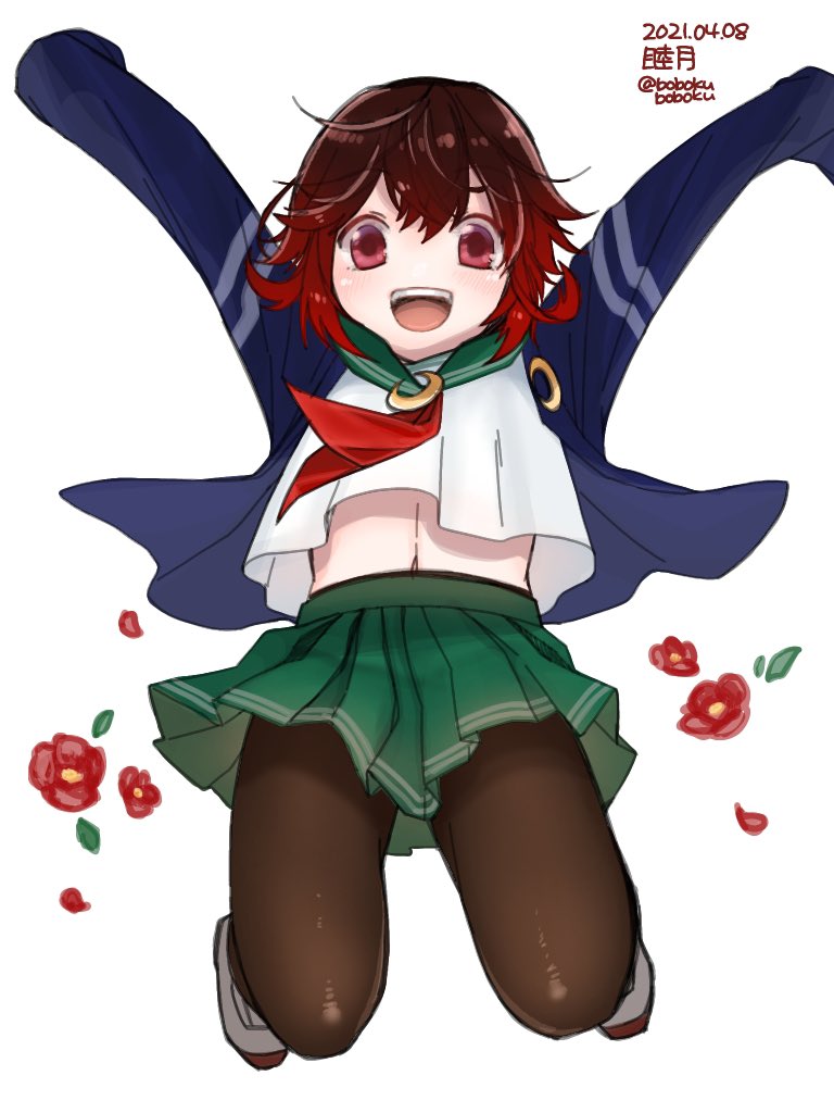 1girl black_legwear bobokuboboku brown_hair character_name crescent crescent_pin dated full_body gradient_hair green_sailor_collar green_skirt jacket jumping kantai_collection looking_at_viewer multicolored_hair mutsuki_(kancolle) neckerchief one-hour_drawing_challenge open_mouth pantyhose pleated_skirt red_neckwear redhead remodel_(kantai_collection) round_teeth sailor_collar school_uniform serafuku short_hair simple_background skirt smile solo teeth twitter_username upper_teeth white_background