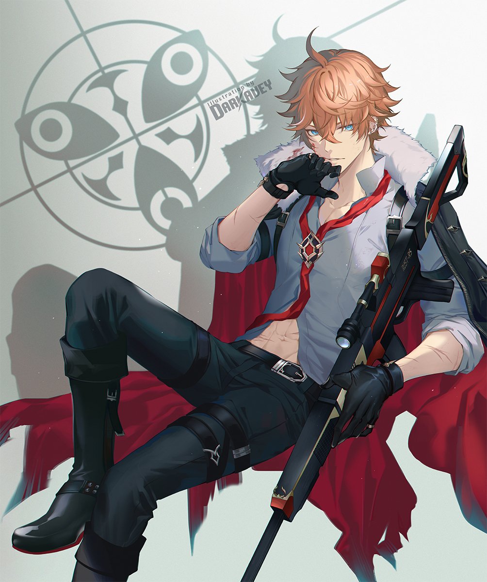 1boy abs ahoge alternate_costume aqua_eyes bangs belt black_footwear black_gloves black_pants boots cape darkavey fur-trimmed_cape fur_trim genshin_impact gloves gun hair_between_eyes highres holding holding_gun holding_weapon male_focus pants red_cape red_neckwear rifle scar scar_on_arm shirt signature solo tartaglia_(genshin_impact) thigh_strap weapon white_shirt