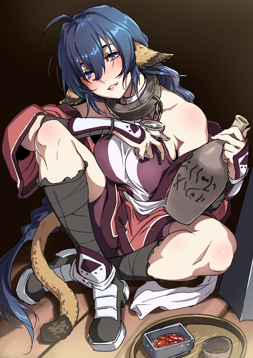 1girl ahoge alcohol animal_ears bare_shoulders blue_eyes blue_hair bottle braid braided_ponytail breasts collar collarbone commentary_request cup food full_body hair_between_eyes holding holding_bottle holding_cup karura_(utawarerumono) long_hair looking_at_viewer medium_breasts saeki_shun sake sitting smile solo tail utawarerumono