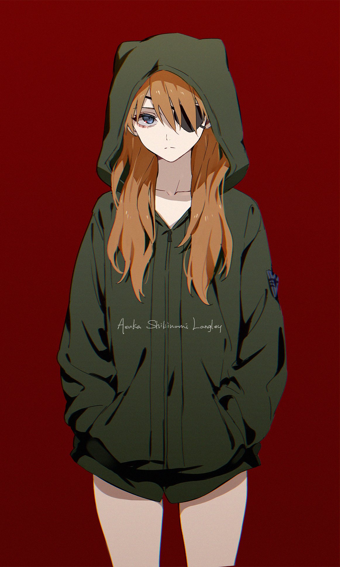 1girl alternate_costume bangs black_eyepatch blue_eyes brown_hair character_name closed_mouth collarbone commentary_request cowboy_shot expressionless eyepatch frown hands_in_pockets highres hood hood_up hoodie io_(sinking=carousel) long_hair long_sleeves looking_at_viewer neon_genesis_evangelion orange_hair rebuild_of_evangelion red_background shikinami_asuka_langley simple_background solo souryuu_asuka_langley standing