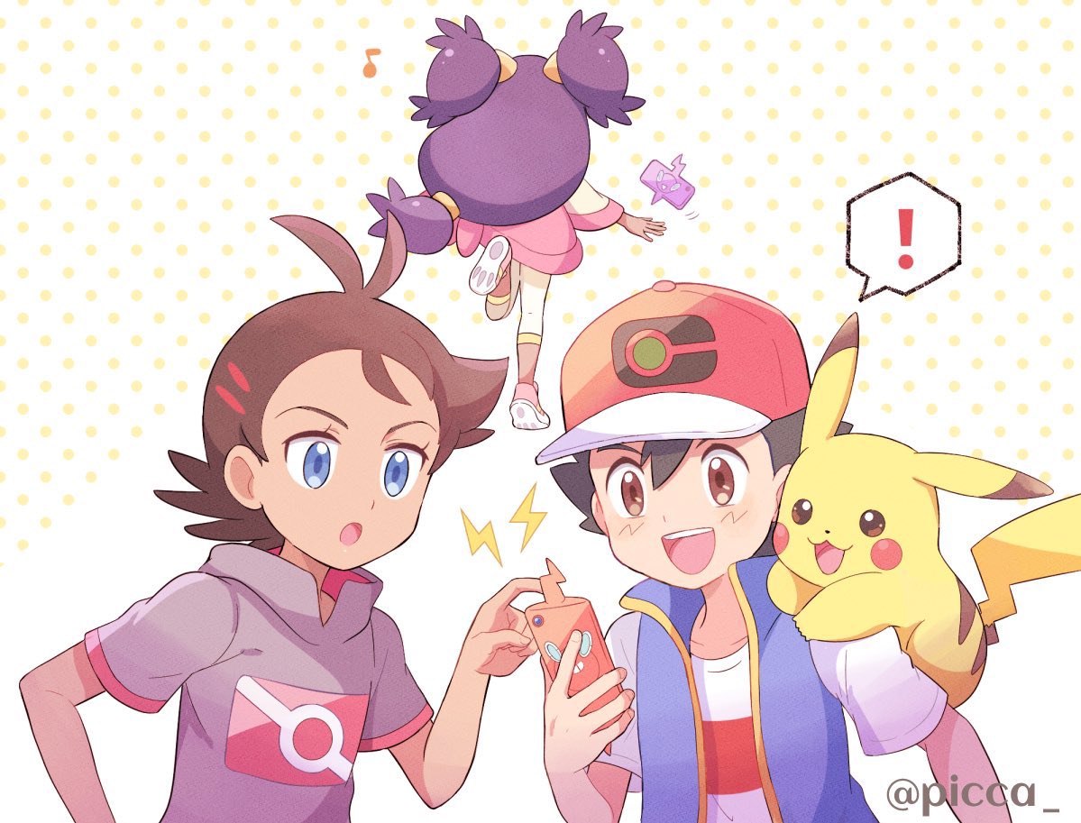 ! 1girl 2boys :d :o alternate_color artist_name ash_ketchum bangs baseball_cap black_hair blue_eyes blue_jacket brown_eyes commentary_request dark_skin dark-skinned_female gen_1_pokemon gen_4_pokemon goh_(pokemon) grey_shirt hair_between_eyes hair_tie hand_up hat holding holding_phone iris_(pokemon) jacket long_hair mei_(maysroom) multiple_boys musical_note on_shoulder open_mouth phone pikachu pokemon pokemon_(anime) pokemon_(creature) pokemon_bw_(anime) pokemon_on_shoulder pokemon_swsh_(anime) purple_hair rotom rotom_phone shirt short_sleeves sleeveless sleeveless_jacket smile spoken_exclamation_mark t-shirt teeth tied_hair tongue watermark white_shirt