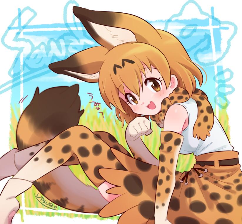 1girl :3 :d animal_ear_fluff animal_ears bangs bare_shoulders belt blush breasts brown_eyes character_name commentary_request elbow_gloves eyebrows_visible_through_hair feet_out_of_frame from_side gloves hair_between_eyes hand_up kemono_friends knees_up leaning_forward looking_at_viewer medium_breasts motion_lines open_mouth orange_hair orange_legwear orange_skirt paw_pose serval_(kemono_friends) serval_ears serval_print serval_tail short_hair simple_background sitting skirt smile solo tail tank_top thigh-highs utsuro_atomo white_tank_top