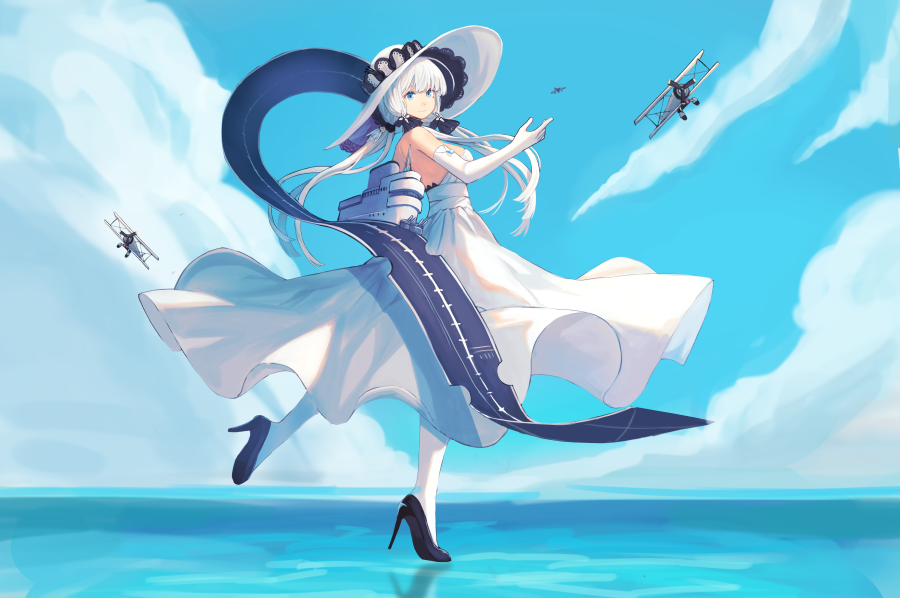 1girl aircraft airplane azur_lane backless_dress backless_outfit bare_shoulders biplane black_footwear blue_eyes blue_sky breasts clip_studio_paint_(medium) dress elbow_gloves flight_deck from_behind full_body gloves hat high_heels illustrious_(azur_lane) large_breasts long_dress long_hair looking_at_viewer looking_back peroncho sapphire_(gemstone) shoes sky sleeveless sleeveless_dress solo strapless strapless_dress sun_hat very_long_hair walking walking_on_liquid white_dress white_gloves white_hair white_headwear white_legwear