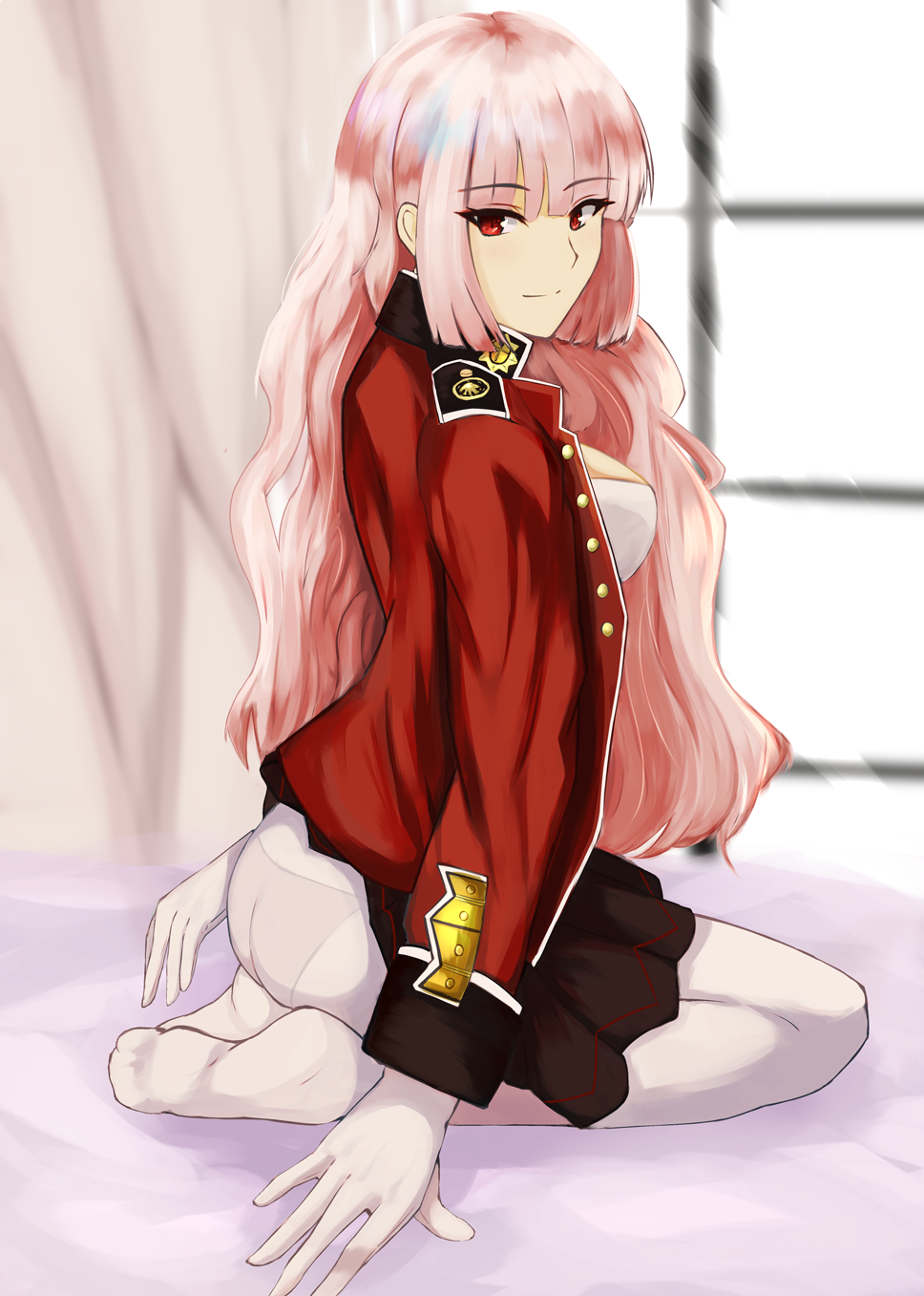 1girl alternate_hairstyle bangs blunt_bangs commentary_request curtains eyebrows_visible_through_hair fate/grand_order fate_(series) florence_nightingale_(fate) gloves hair_down highres jacket long_hair looking_at_viewer looking_back no_shoes on_bed panties panties_under_pantyhose pantyhose pink_hair red_eyes red_jacket seiza sitting sitting_on_bed solo underwear white_gloves white_legwear window yamikyon