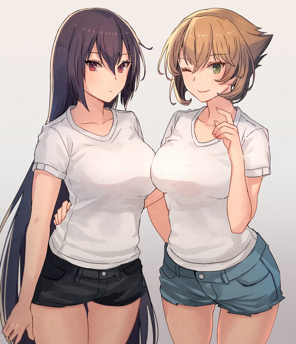 2girls black_hair black_shorts blue_shorts breasts brown_eyes brown_hair closed_mouth collarbone cowboy_shot eyebrows_visible_through_hair green_eyes grey_background hair_between_eyes highres kantai_collection kasumi_(skchkko) large_breasts long_hair multiple_girls mutsu_(kancolle) nagato_(kancolle) one_eye_closed shirt short_hair short_sleeves shorts smile white_shirt